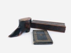 AN ANTIQUE TREEN SNUFF SHOE, WILLIAM IV CARD CASE AND ELABORATE CARVED BOX.