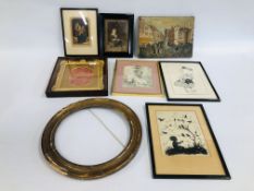 A GROUP OF 8 PICTURES AND FRAMES TO INCLUDE A VICTORIAN PENCIL SKETCH DUTCH OIL ON CANVAS,