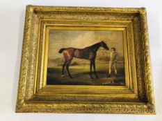 A GILT FRAMED REPRODUCTION RACE HORSE PRINT (OVERALL W 65CM X H 55CM).