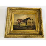 A GILT FRAMED REPRODUCTION RACE HORSE PRINT (OVERALL W 65CM X H 55CM).