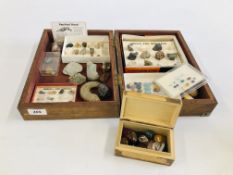 A COLLECTION OF ROCK & CRYSTAL SPECIMENS MANY EXAMPLES IN DISPLAY BOXES.