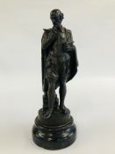 A BRONZED FIGURE OF SHAKESPEARE ON CIRCULAR WOODEN BASE - H 37CM.