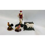 FOUR ITEMS OF CAST IRON WARE TO INCLUDE GOLFER DOOR STOP,