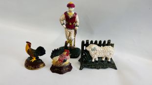 FOUR ITEMS OF CAST IRON WARE TO INCLUDE GOLFER DOOR STOP,