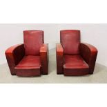 A PAIR OF 1930's RED REXINE COVERED EASY CHAIRS, LACKING CUSHIONS.