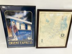 A LARGE FRAMED REVOLUTIONARY TEXAS MAP ALONG WITH AN ORIENT EXPRESS ADVERTISING POSTER.