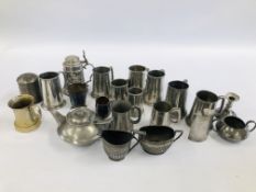 A COLLECTION OF APPROXIMATELY 15 PEWTER TANKARDS ALONG WITH PEWTER HIP FLASK, JUGS,