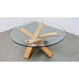 MARKS AND SPENCER DESIGNER OAK / GLASS COFFEE / OCCASIONAL TABLE - DIAMETER 80CM. HEIGHT 39CM.