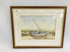 FRAMED AND MOUNTED JAMES JONES WATERCOLOUR COASTAL SCENE OF FISHING BOAT 25CM X 35CM.