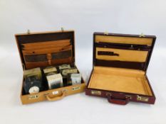 TWO VINTAGE BRIEFCASES TO INCLUDE EIGHT VARIOUS CARRIAGE / MANTEL CLOCKS WESTCLOX AND ANGELUS