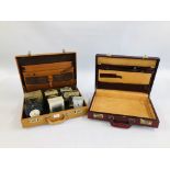 TWO VINTAGE BRIEFCASES TO INCLUDE EIGHT VARIOUS CARRIAGE / MANTEL CLOCKS WESTCLOX AND ANGELUS