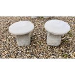 TWO REPRODUCTION STONEWORK STADDLE STONES, HEIGHT 44CM, DIAMETER 44CM.