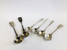 A GROUP OF 6 VARIOUS SILVER MUSTARD SPOONS INCLUDING A PAIR OF VICTORIAN FIDDLE PATTERN EXAMPLES