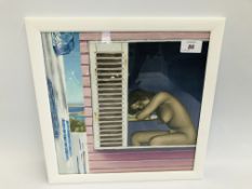 KRYS LEACH ORIGINAL OIL ON BOARD "COOLING OFF" FRAMED AND MOUNTED 29CM X 29CM.