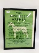 VINTAGE BRITISH FIELD SPORTS SOCIETY POSTER "YOU HAVE BEEN WARNED", ANTI-COURSING BILL: CLAUSE 1.