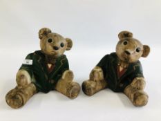 TWO VINTAGE HAND CARVED WOODEN TEDDY BEARS - APPROX HEIGHT 30CM.