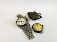 TWO VINTAGE WATCH FACES TO INCLUDE A SILVER CASED EXAMPLE ALONG WITH A MINIATURE TRAVEL CLOCK WITH