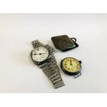 TWO VINTAGE WATCH FACES TO INCLUDE A SILVER CASED EXAMPLE ALONG WITH A MINIATURE TRAVEL CLOCK WITH