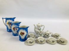 CHILD'S VINTAGE 18 PIECE TEASET WITH HAND PAINTED DESIGN PLUS SET OF THREE GRADUATED FLORAL