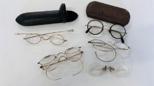 A GROUP OF VINTAGE GLASSES TO INCLUDE YELLOW METAL RIMMED EXAMPLES CASED AND DOUBLE EXAMPLE.