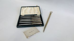 A SILVER CARD HOLDER SET OF 6 CASED SILVER HANDLED KNIVES AND PLATED ICE PICK.