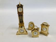 A GROUP OF MINIATURE BRASS MANTLE CLOCKS AND MINIATURE BRASS GRANDFATHER CLOCK FACE MARKED ESTYMA.