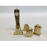 A GROUP OF MINIATURE BRASS MANTLE CLOCKS AND MINIATURE BRASS GRANDFATHER CLOCK FACE MARKED ESTYMA.