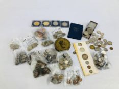 ASSORTED COINAGE TO INCLUDE GOLD PLATED COMM PROOF CROWNS, FOREIGN COINAGE ETC.