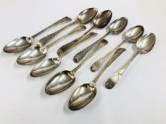 A SET OF 10 BRIGHT CUT SILVER TEASPOONS OVER STRUCK HESTER BATEMAN, G.B. LONDON 1782.