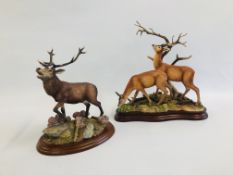 BORDER FINE ARTS A1485 "RED STAG" FIGURE H 23CM X L 17CM ALONG WITH B1092 "AT THE FOREST EDGE"