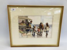 A FRAMED WATERCOLOUR "WILFRED SUTTON" 1986 FRUIT STALL LOWESTOFT