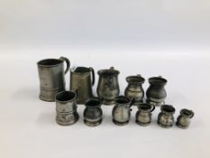 A GROUP OF 10 VINTAGE PEWTER TANKARDS, VARIOUS SIZES.