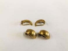 A PAIR OF CLIP ON EARRINGS MARKED 750 + A FURTHER DESIGNER PAIR MARKED 375 9CT GOLD.