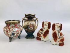 TWO STAFFORDSHIRE DOGS ALONG WITH TWIN HANDLED VASE AND FISCHER J CHINA TRI LEGGED PLANT STAND.