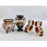 TWO STAFFORDSHIRE DOGS ALONG WITH TWIN HANDLED VASE AND FISCHER J CHINA TRI LEGGED PLANT STAND.