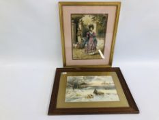 A FRAMED AND MOUNTED WATERCOLOUR OF A LADY AND GENTLEMAN BEARING SIGNATURE HERBERT WALKEN 99 & OIL