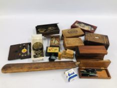 BOX OF VINTAGE BOXES TO INCLUDE TUNBRIDGE WARE + VARIOUS SCALES & WEIGHTS & A CAPSTAN GAUGE NO.