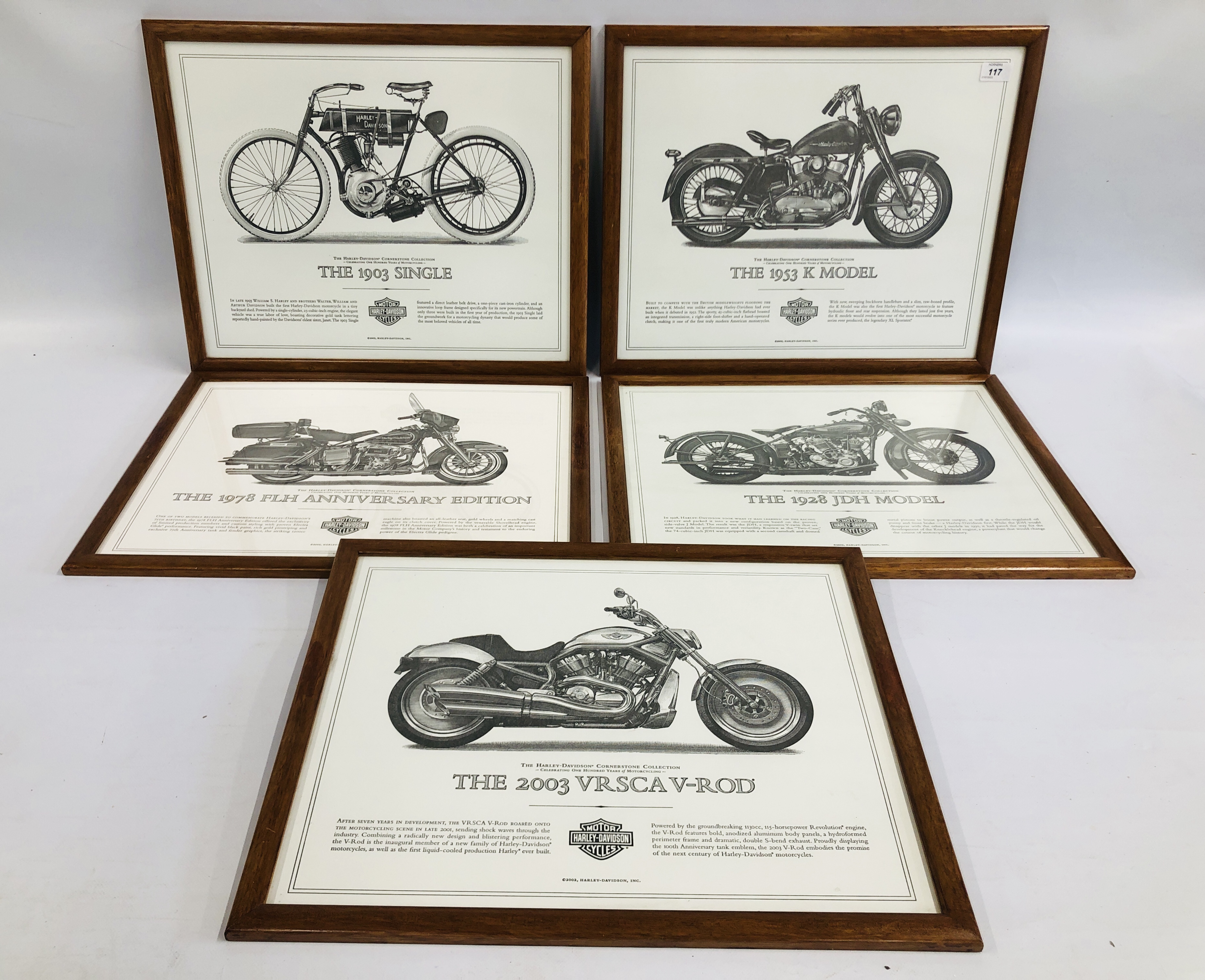 A GROUP OF 5 HARLEY-DAVIDSON MOTORCYCLE PRINTS, 54CM X 44CM.