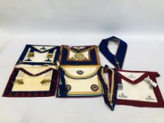 A GROUP OF MASONIC REGALIA TO INCLUDE 5 APRONS, ONE LOCAL EXAMPLE MARKED "EAST ANGLIA",