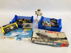 TWO TRAYS OF ASSORTED DIE-CAST MODEL VEHICLES, STAR WARS FIGURES,