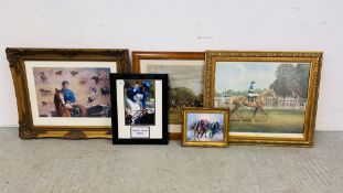 GROUP OF FIVE FRAMED HORSE RACING PRINTS TO INCLUDE FRANKIE DETTORI SIGNED PRINT,