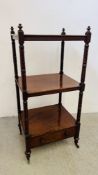 VICTORIAN MAHOGANY THREE TIER STAND WITH TURNED SUPPORTS TERMINATING IN BRASS CASTORS WITH DRAWER