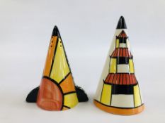 TWO LORNA BAILEY COLLECTIBLE SUGAR SIFTERS TO INCLUDE SUNBURST - H 12CM & PAGODA - H 14CM.