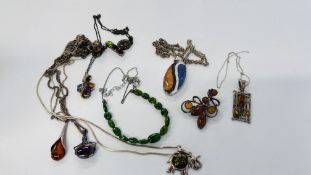 A GROUP OF MAINLY STONE SET SILVER NECKLACES TO INCLUDE AMBER EXAMPLES.