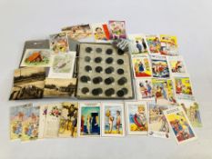 FOLDER CONTAINING QUANTITY MIXED COINS AND SOME LOOSE + QUANTITY MIXED POSTCARDS INCLUDING COMICAL.