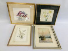 A GROUP OF 4 FRAMED WATERCOLOURS TO INCLUDE 3 STILL LIFE, ONE EXAMPLE BY S.