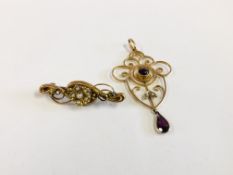 A 9CT GOLD ART NOUVEAU PENDANT SET WITH SEED PEARLS AND GARNETS ALONG WITH A FURTHER VINTAGE YELLOW
