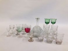 A GROUP OF VINTAGE AND ANTIQUE GLASSWARE TO INCLUDE A CUT GLASS DECANTER ETC.