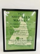 VINTAGE BRITISH FIELD SPORTS SOCIETY POSTER "YOU HAVE BEEN WARNED" ANTI FISHING.