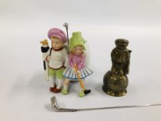 A GROUP OF GOLFING MEMORABLIA TO INCLUDE NOVELTY BISQUE FIGURE,
